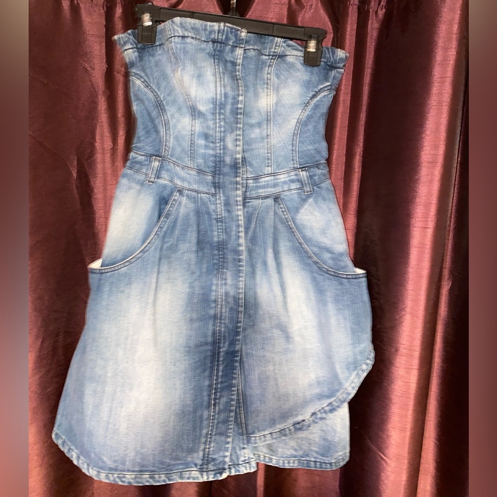 AllSaints Strapless Light Blue Denim Jeans Dress with Ruffle/Bustle at Back Sz 8